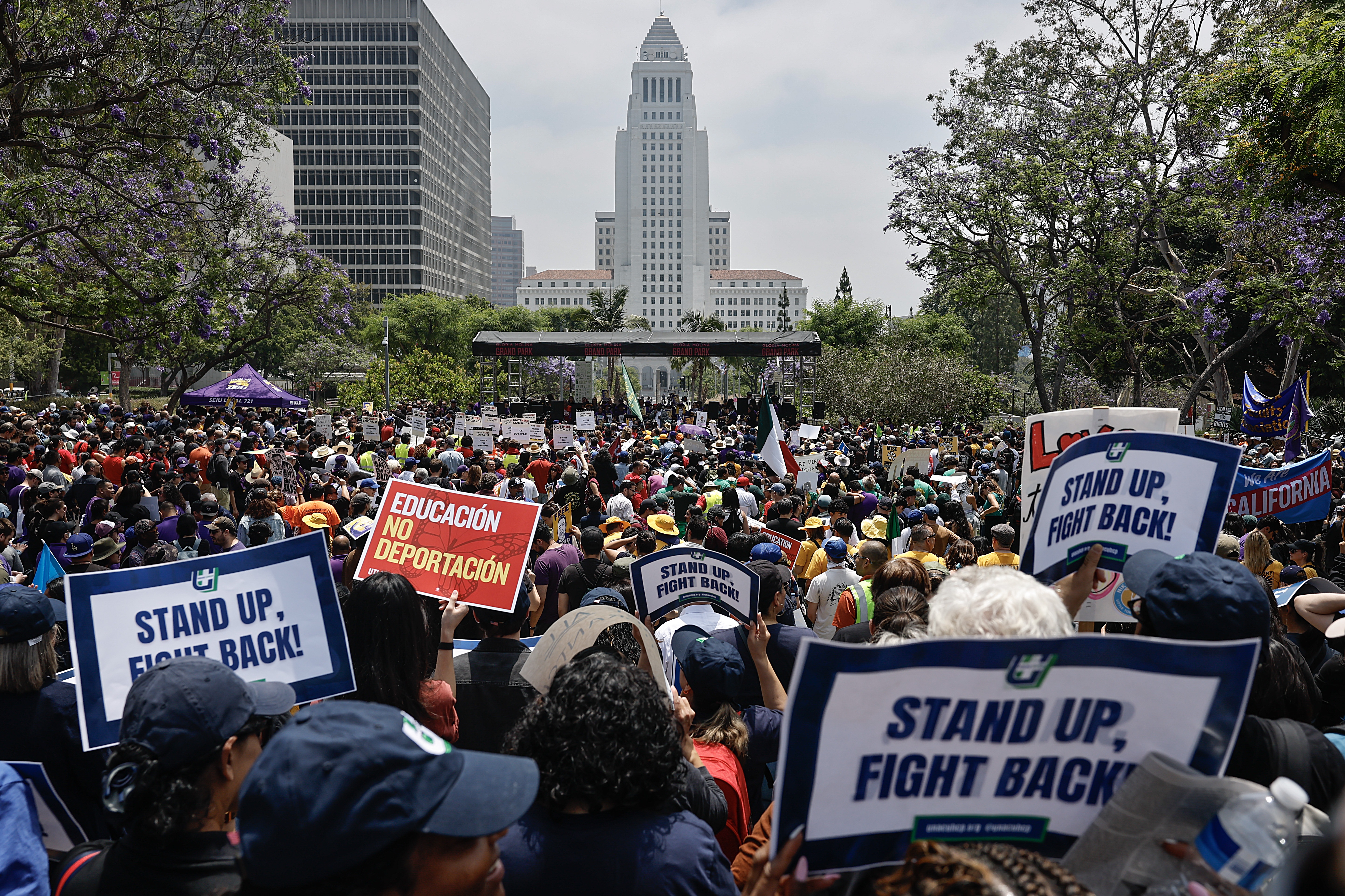 Union members and supporters rally in Grand Park calling for the release of union leader David Huerta, who was arrested during an immigration enforcement action on June 9 in Los Angeles.