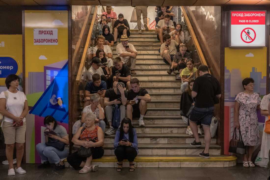 Ukrainians take shelter at the Teatralna metro station during a Russian air attack in Kyiv on Aug. 26, 2024. Russians frequently strike civilian targets in their regular air raids on Ukrainian cities.