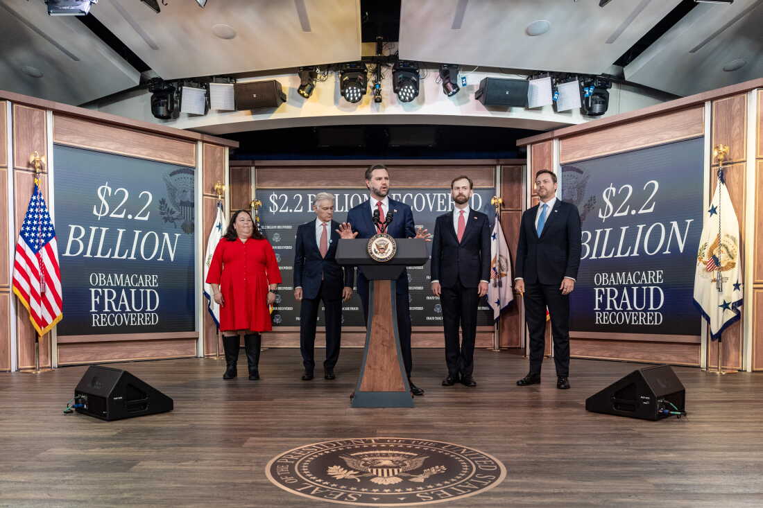 Vice President JD Vance, center, speaks during a news conference accompanied by Kim Brandt, Chief Operating Officer for the Centers for Medicare and Medicaid Services, left, Dr. Mehmet Oz, Administrator for the Centers for Medicare & Medicaid Services, Chairman Andrew Ferguson of the Federal Trade Commission (FTC), and Chris Klomp, nominee for Deputy Secretary of Health and Human Services, in the South Court Auditorium in the Eisenhower Executive Office Building on the White House campus, Tuesday, Sept. 22, 2026, in Washington.