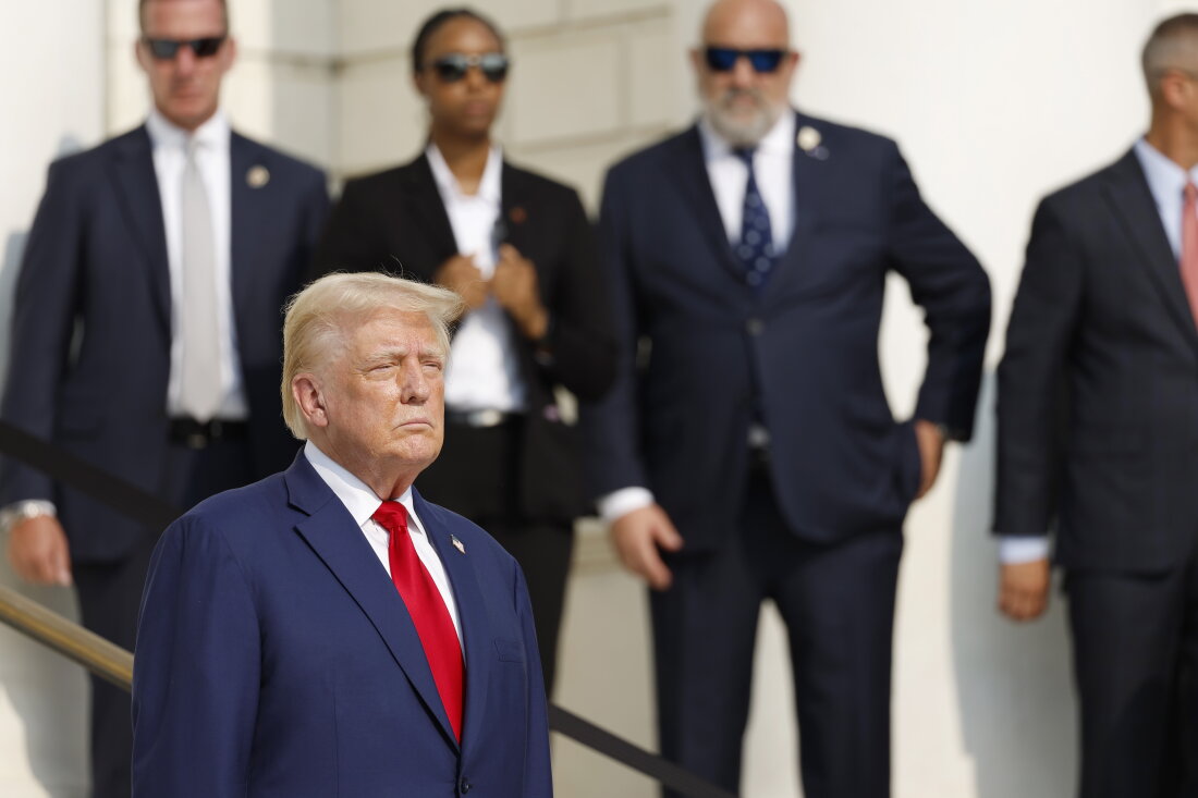 Republican presidential nominee, former President Donald Trump looks on during a wreath laying ceremony at the Tomb of the Unknown Soldier at Arlington National Cemetery on August 26, 2024 in Arlington, Virginia.