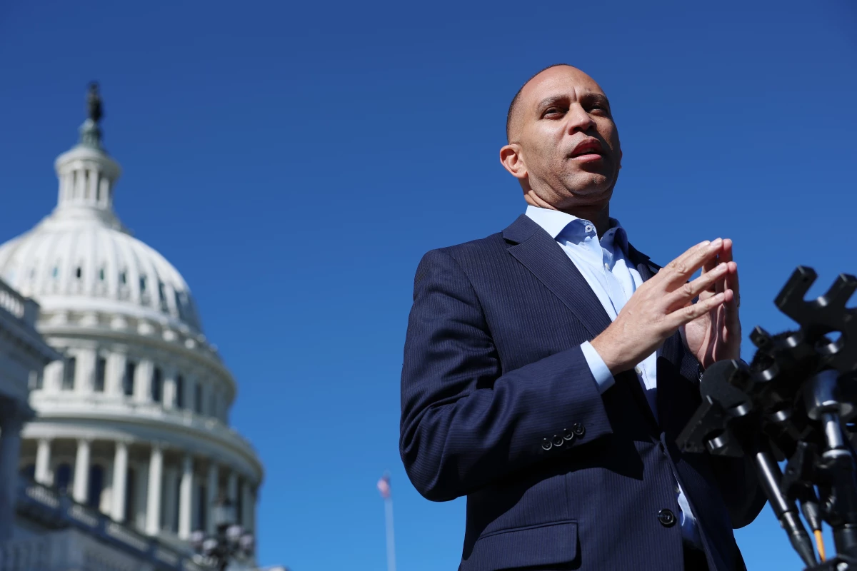 House Minority Leader Hakeem Jeffries, D-N.Y., speaks to reporters outside of the U.S. Capitol on Oct.16, 2025.