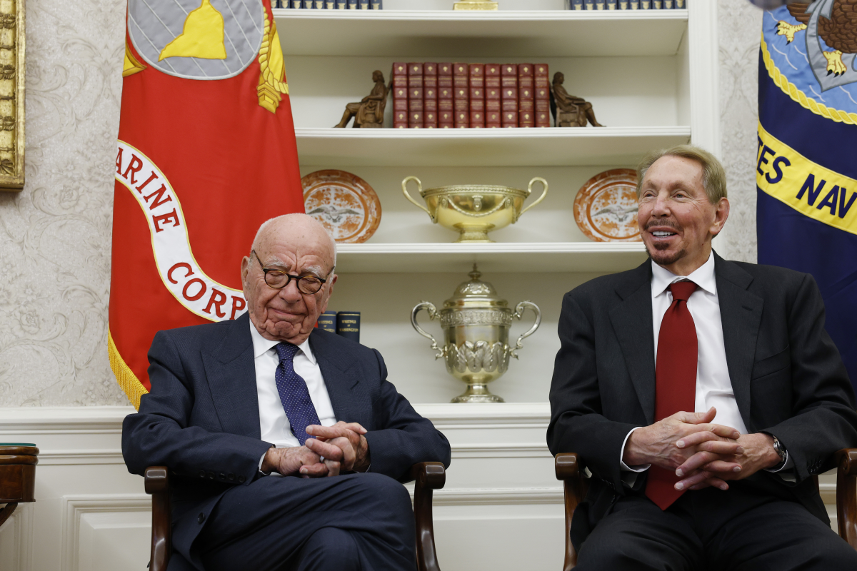 Oracle co-founder Larry Ellison, right, sits next to media mogul Rupert Murdoch as they listen to President Trump speak in the Oval Office on February 03, 2025.