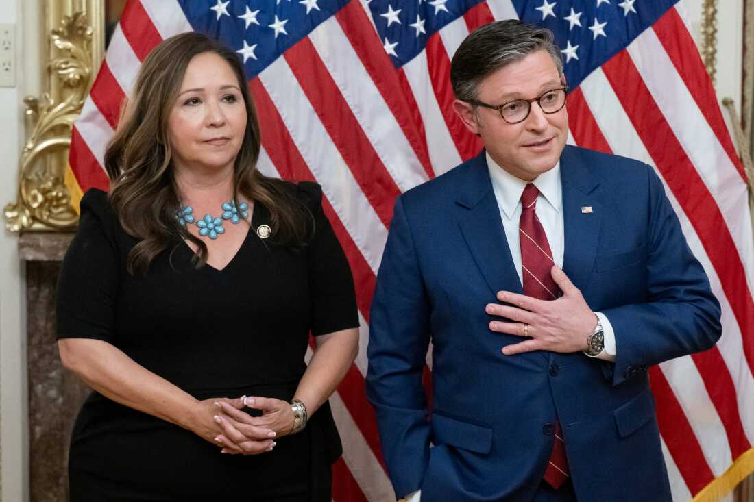 Rep. Adelita Grijalva, D-Ariz., and Speaker of the House Mike Johnson, R-La., speak to the press after Grijalva was sworn in at the Capitol on Nov. 12. 2025.