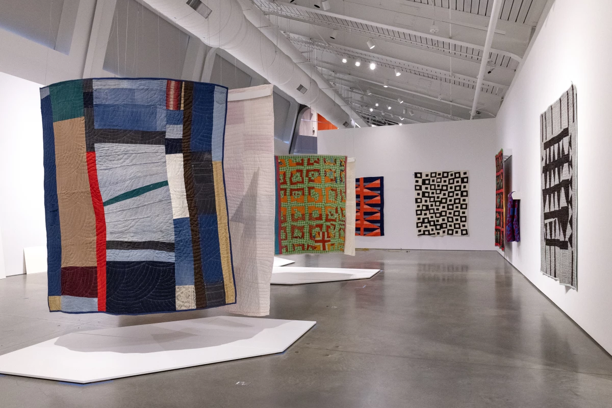 Installation view of the exhibition Routed West: Twentieth-Century African American Quilts in California, June 8, 2025—November 30, 2025, BAMPFA, University of California, Berkeley.