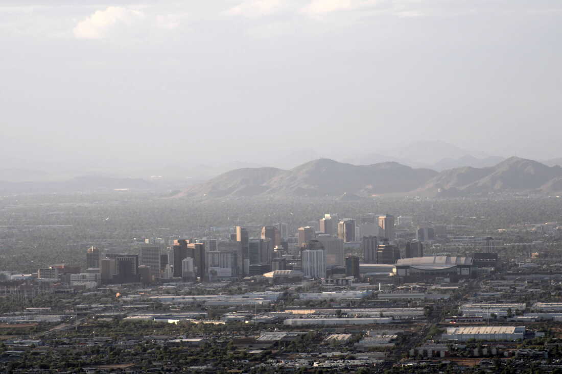 A photo of the Phoenix skyline taken from South Mountain Park and Preserve on April 26, 2026.