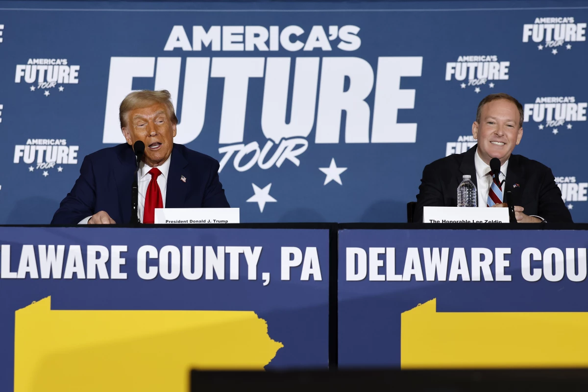 Then-candidate Donald Trump participates in a roundtable discussion with former Republican U.S. Representative from New York, Lee Zeldin, in the battleground state of Pennsylvania just days before voting ended.