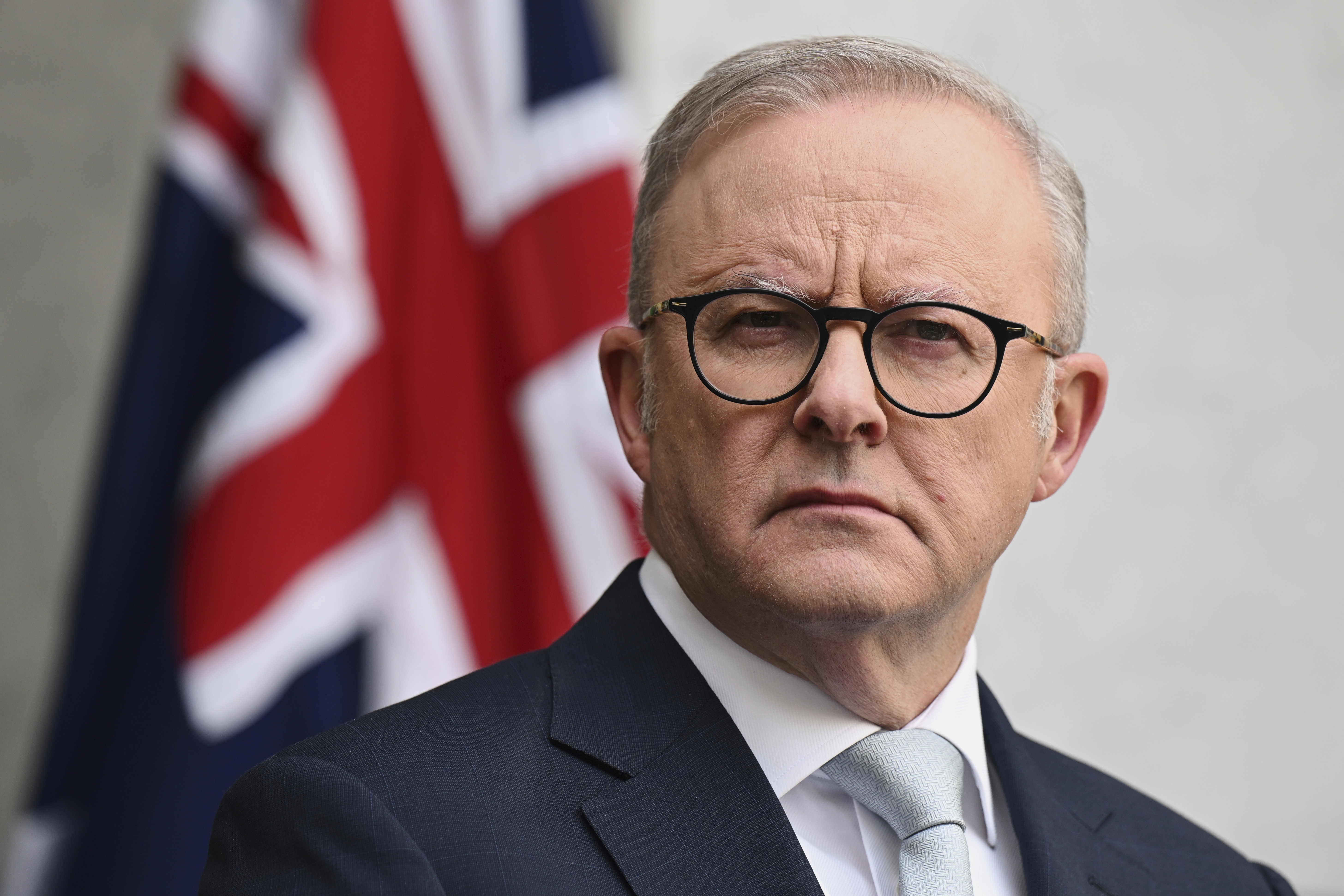 Australian Prime Minister Anthony Albanese speaks to the media during a press conference at Parliament House in Canberra, Australia, Tuesday, Aug. 26, 2025.