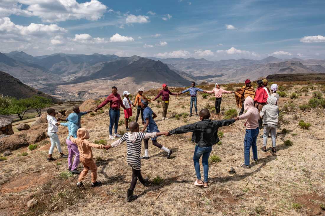 Members of a flying medical outreach team conduct an excercise during a health education session for children and teens in the isolated village of Ha Pheulane in the highlands of Lesotho. The nearest clinic to the village is several hours away by horseback. Across the highlands, some 300,000 people depend on the Lesotho Flying Doctor Services for basic healthcare.
