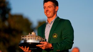 Rory McIlroyof Northern Irelandholds the trophy after winning the Masters golf tournament at the Augusta National Golf ClubSundayApril 122026in AugustaGa.