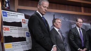 From left, Senate Majority Leader John Thune, R-S.D., Sen. James Lankford, R-Okla., and Sen. Ted Budd, R-N.C., talk to reporters about the Laken Riley Act, a bill to detain unauthorized immigrants who have been accused of certain crimes, at the Capitol in Washington, D.C., on Jan. 9.