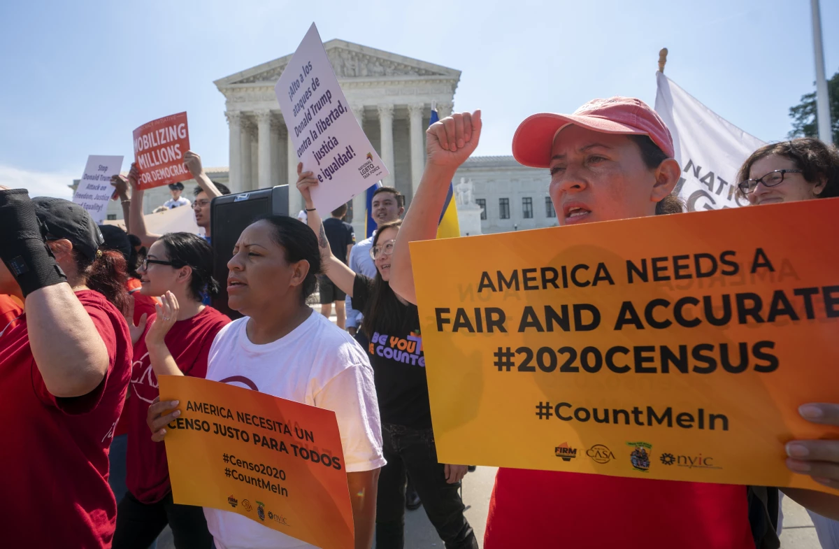 Demonstrators against the first Trump administration's push for a census citizenship question gather outside the U.S. Supreme Court in Washington, D.C., in 2019.