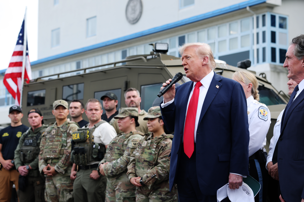 Trump gives remarks to law enforcement officers at the U.S. Park Police's Anacostia Operations Facility in Washington, D.C., on Aug. 21. The Trump administration deployed federal officers and the National Guard to the District of Columbia in order to place the D.C. Metropolitan Police Department under federal control and assist in crime prevention in the nation's capital.