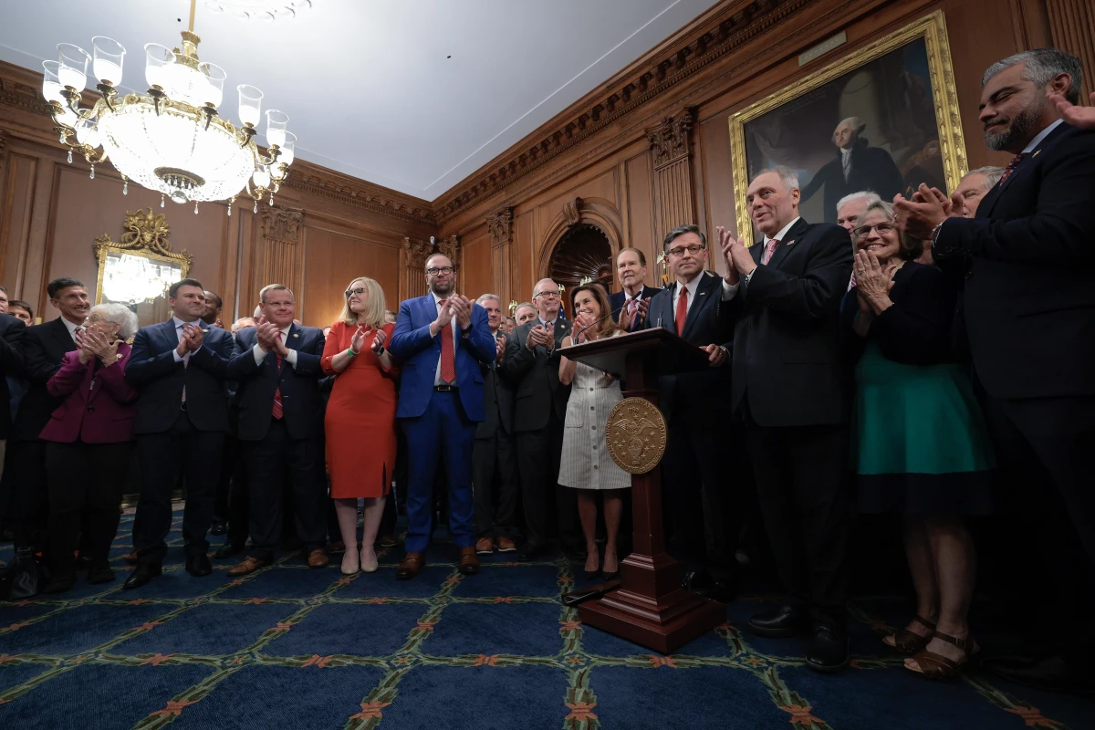 Speaker of the House Mike Johnson, R-La., delivers remarks alongside Republican lawmakers after the One Big Beautiful Bill Act passed the House of Representatives at the U.S. Capitol on July 3 in Washington, D.C.