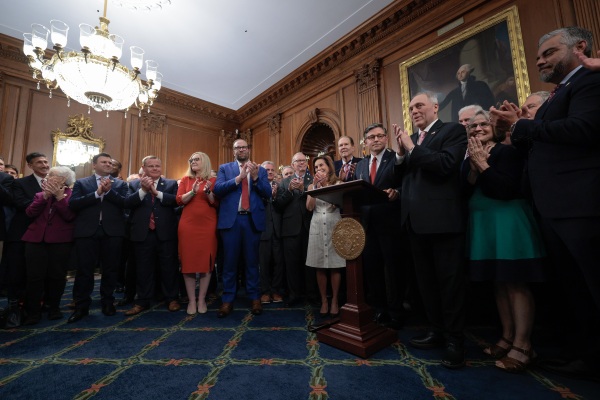 Speaker of the House Mike Johnson (R-LA) delivers remarks alongside Republican lawmakers after the One Big Beautiful Bill Act passed the House of Representatives at the U.S. Capitol on July 3, 2025 in Washington, D.C.