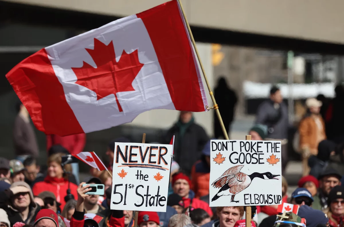Hundreds gathered in Nathan Phillips Square to protest President Donald Trump's rhetoric about Canada becoming the 51st state at Toronto City Hall in Toronto. March 22, 2025.
