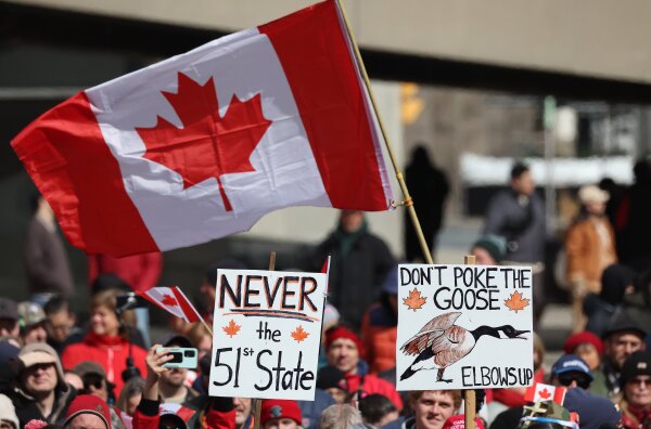 Hundreds gathered in Nathan Phillips Square to protest President Donald Trump's rhetoric about Canada becoming the 51st state at Toronto City Hall in Toronto. March 22, 2025.