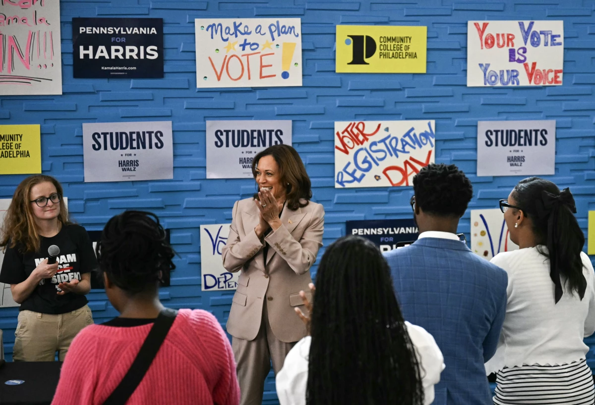 Vice President Harris speaks to student volunteers during a stop at the Community College of Philadelphia during a voter registration training session, in Philadelphia.
