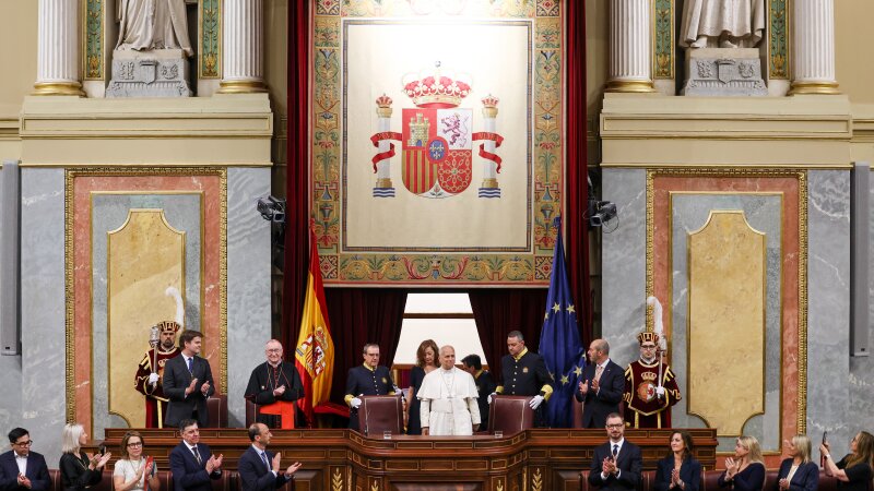 Pope Leo XIV is flanked by Francina Armengol, President of the Congress of Deputies of Spain, as he arrives to meet with members of the Spanish Parliament at the Congress of Deputies, in Madrid, Monday, June 8, 2026.