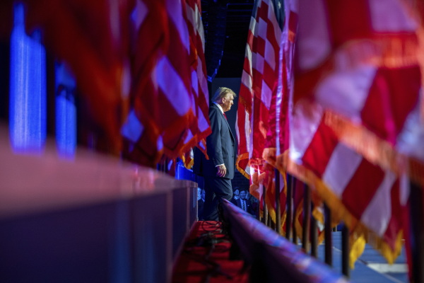 Republican presidential nominee former President Donald Trump arrives at an election night watch party at the Palm Beach Convention Center, Nov. 6, in West Palm Beach, Fla.