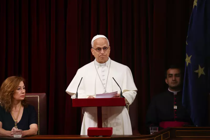 Francina Armengol, President of the Congress of Deputies of Spain, looks on as Pope Leo XIV speaks at the Spanish Parliament in Madrid, Monday, June 8, 2026.