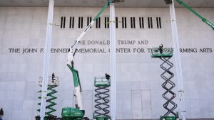 New signage, The Donald J. Trump and The John F. Kennedy Memorial Center For The Performing Arts, is unveiled on the Kennedy Center, Friday, Dec. 19, 2025, in Washington.
