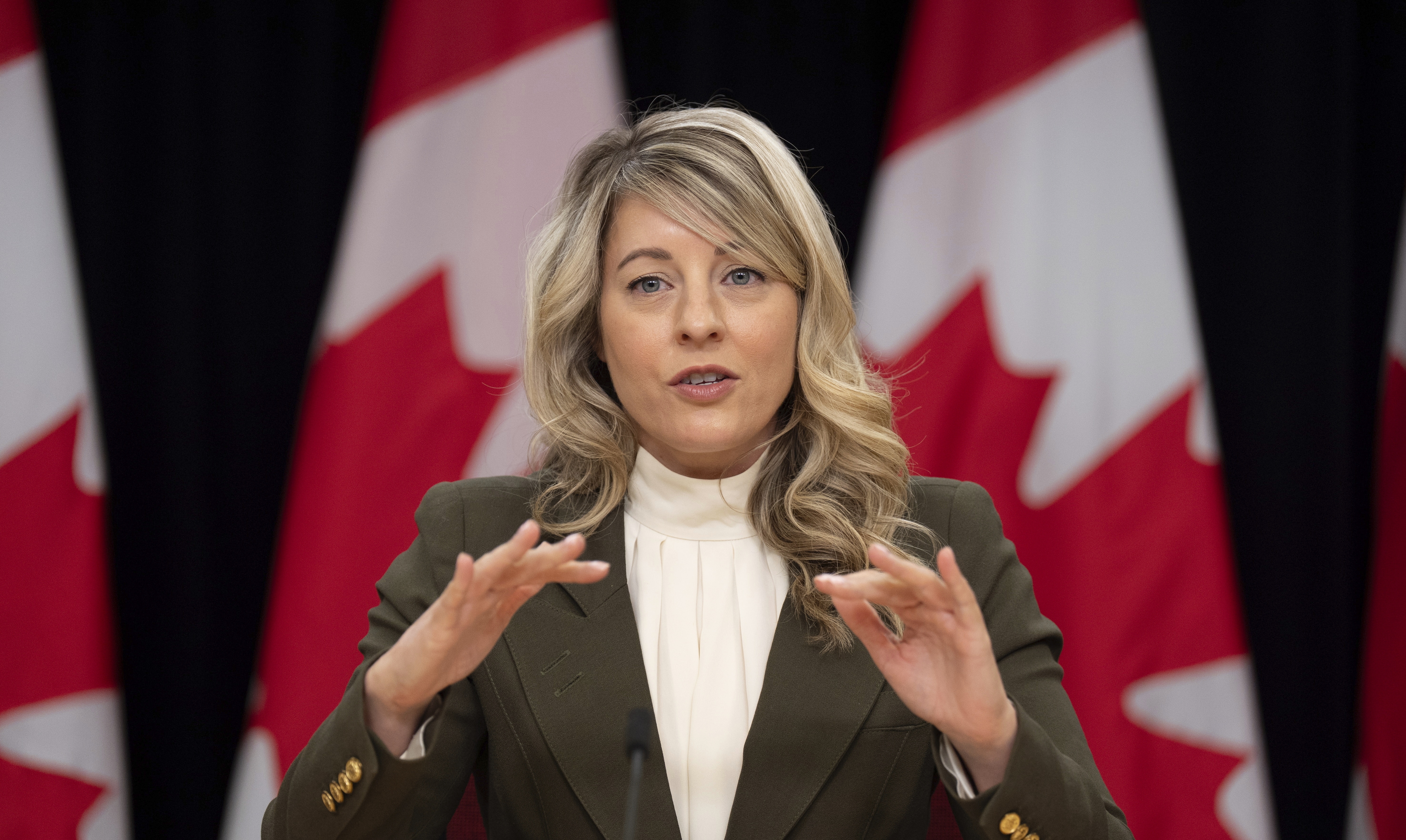 Canada Foreign Affairs Minister Melanie Joly responds to a question during a news conference on tariffs, Wednesday, March 12, 2025, in Ottawa.