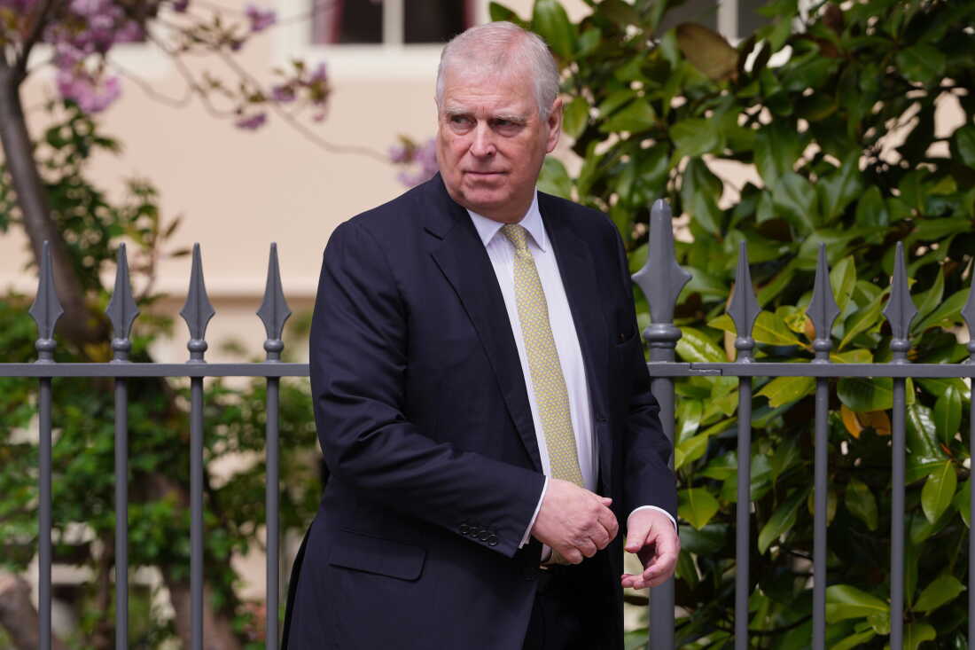 FILE - Britain's Andrew Mountbatten-Windsor, formerly known as Prince Andrew, looks round as he leaves after attending the Easter Matins Service at St. George's Chapel, Windsor Castle, England, April 20, 2025.