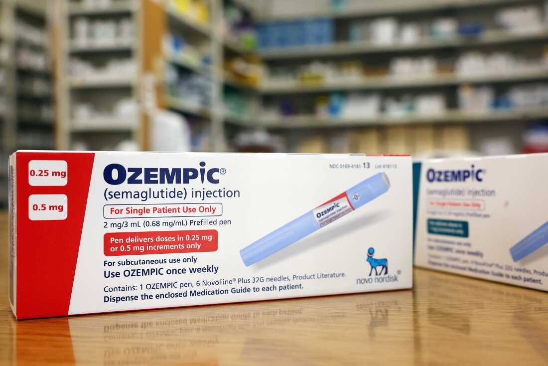 Boxes of the diabetes drug Ozempic rest on a pharmacy counter in Los Angeles.