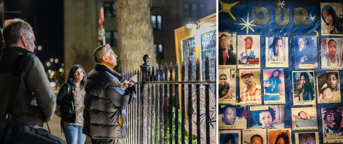 Left: Father Michael Pfleger of St. Sabina Church shows Morning Edition host Steve Inskeep and senior editor Reena Advani a memorial near his church for the dozens of young people killed by gun violence. Right: A closeup of some of the victims.
