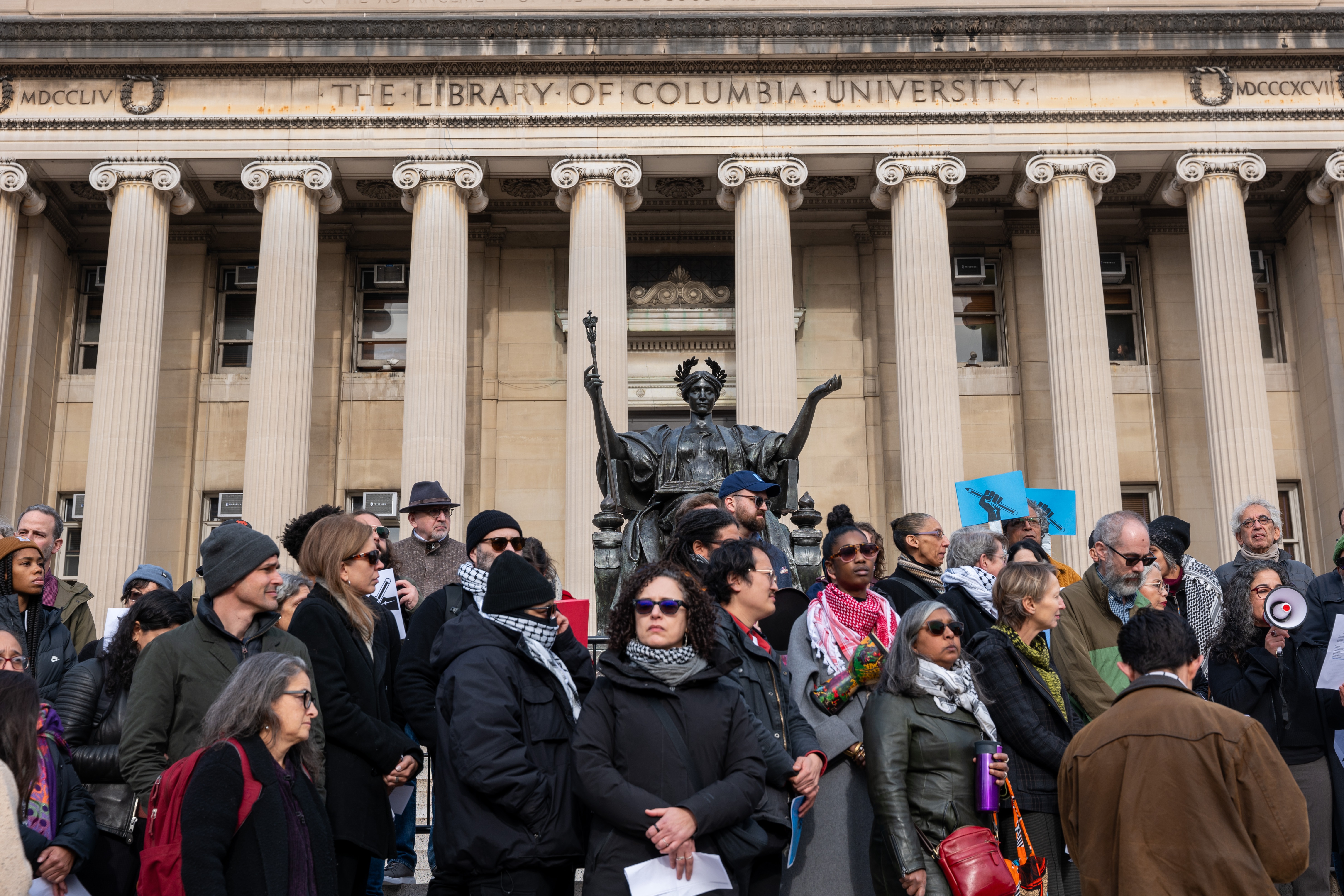 Columbia University faculty members hold a pro-Palestinian and pro-free speech rally on the Columbia University campus in 2023 in New York City.