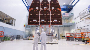 Technicians connect the inner and outer segments of NASA's Nancy Grace Roman Space Telescope in 2025 at NASA’s Goddard Space Flight Center in Greenbelt, Md.