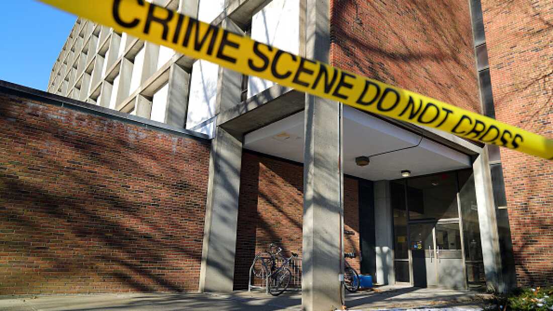Crime scene tape outside of the Barus and Holley building on the campus of Brown University on December 16, 2025. (Photo by John Tlumacki/The Boston Globe via Getty Images)
