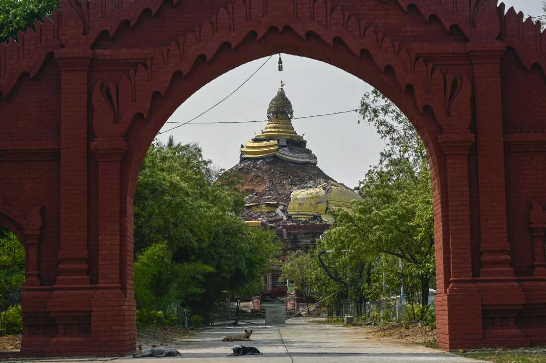 A damaged pagoda is pictured