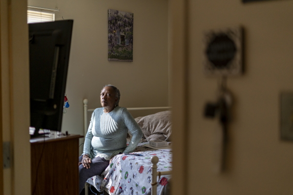 Sonya Urquhart poses for a portrait at her apartment in Trinity Woods, a subsidized senior living center in Emporia, Va., on Friday, Feb. 28, 2025. Photographer: Carlos Bernate for NPR.