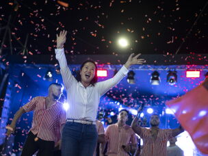 Peruvian presidential candidate Keiko Fujimori waves during a campaign rally in Huacho, north of Lima, Peru, on June 2.