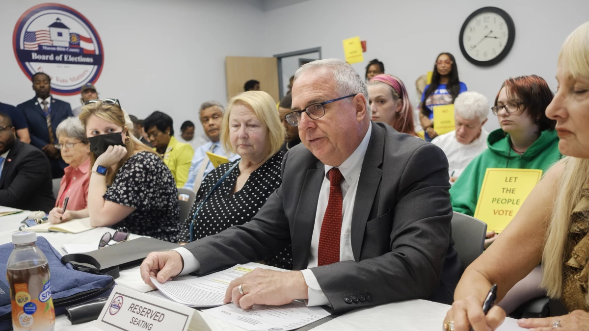 David Sumrall, the head of the Republican Party in Georgia's Bibb County, presents his case to challenge the eligibility of nearly 800 voters at a hearing in Macon in May.