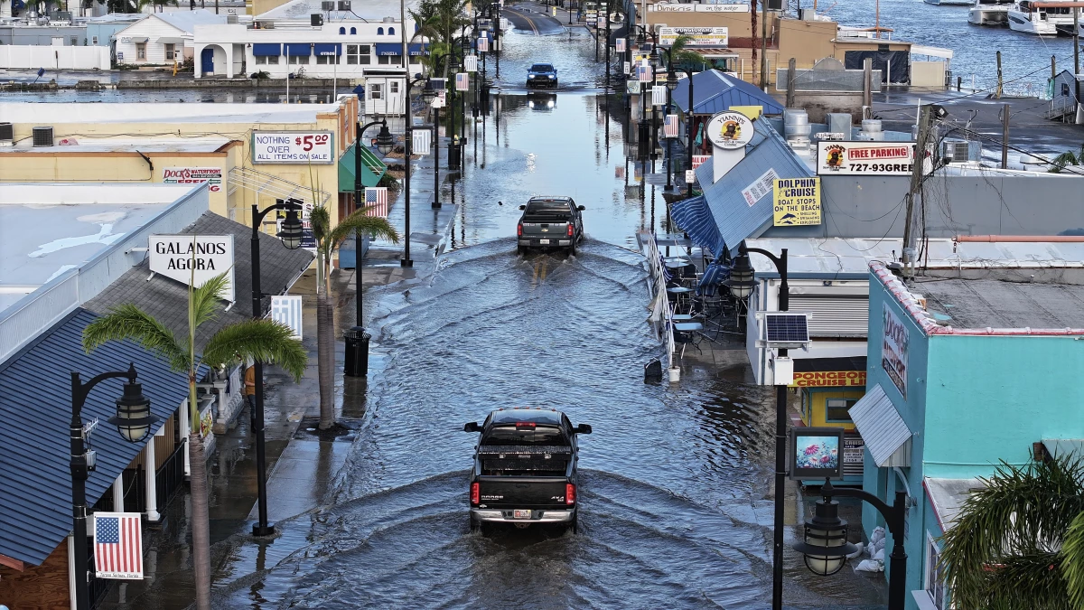 Flood waters cover the main streets of Tarpon Springs, Florida after Hurricane Helene passed offshore on September 27, 2024 . (Photo by Joe Raedle/Getty Images)