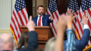 Secretary of Homeland Security Markwayne Mullin answers questions from reporters on July 17 after remarks about his agency alleging that more than 250,000 non-U.S. citizens are on the voter rolls in just four states. Those states dispute that tally.