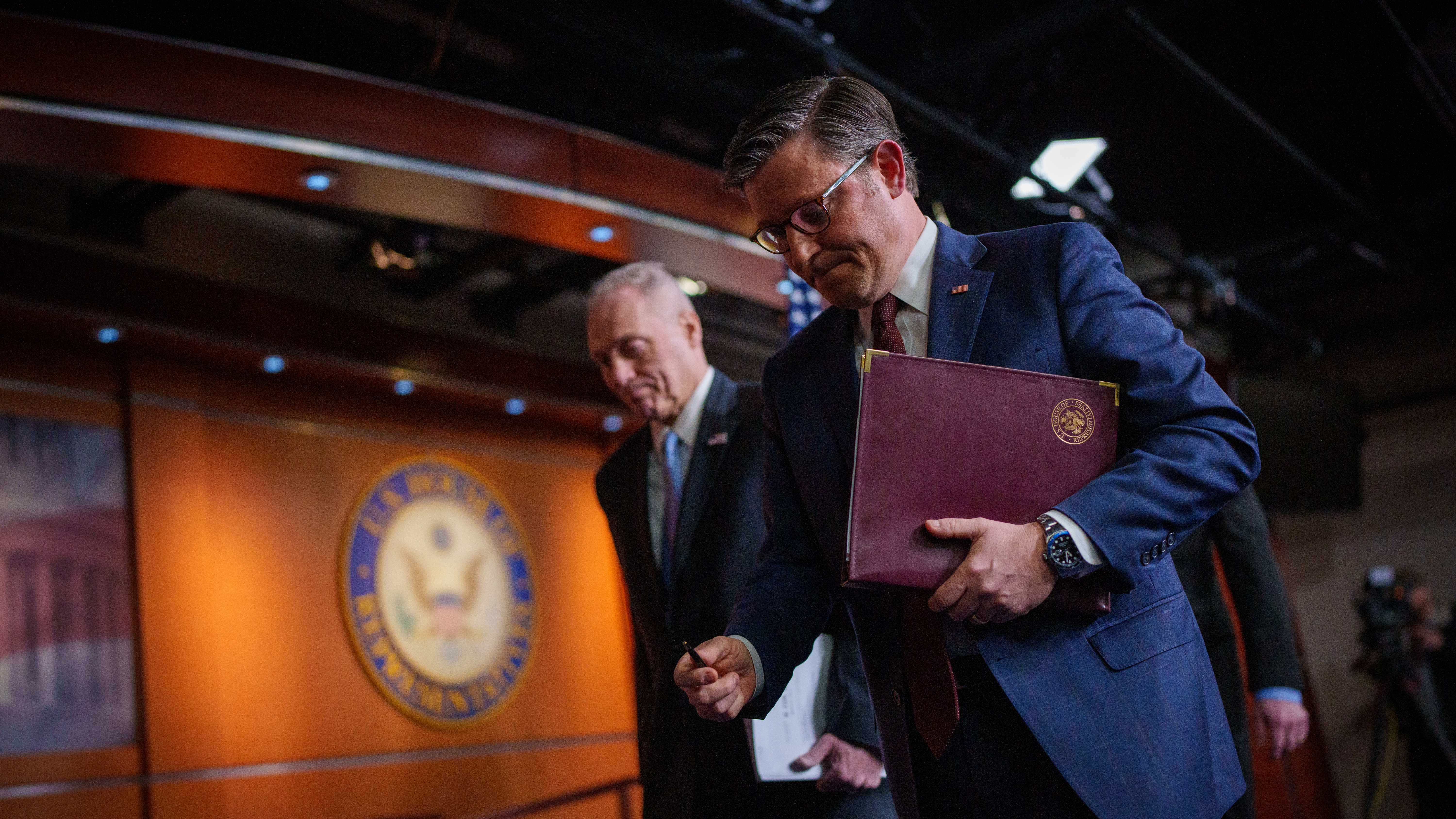 Speaker of the House Mike Johnson, R-La., (right) departs a news conference alongside House Majority Leader Steve Scalise, R-La., at the U.S. Capitol on Tuesday.