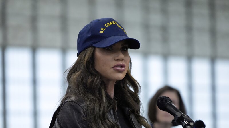 Homeland Security Secretary Kristi Noem speaks at U.S. Coast Guard Air Station Kodiak in Alaska during a tour on Monday.