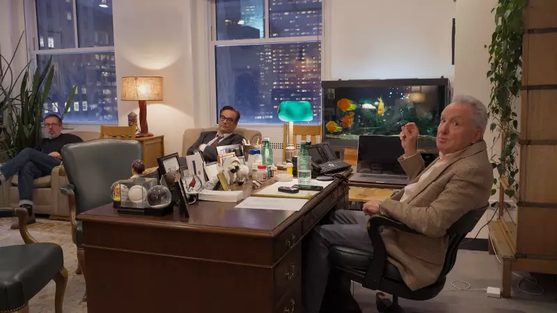 From left, Erik Kenward, Steve Higgins and Lorne Michaels appear in Michaels’ office in a scene from Morgan Neville’s documentary Lorne.