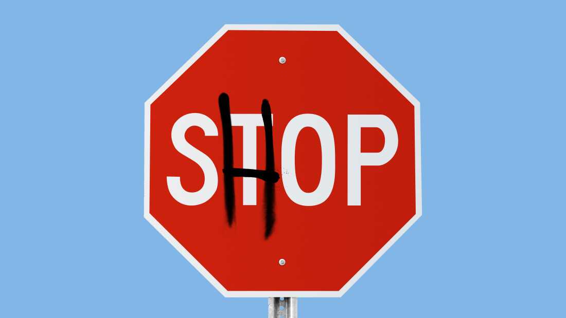 Photo illustration of a stop sign that reads 