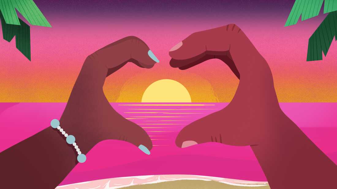 Two different hands holding a "C" shape to form a heart. Behind the hands is a picturesque beach at sunset.