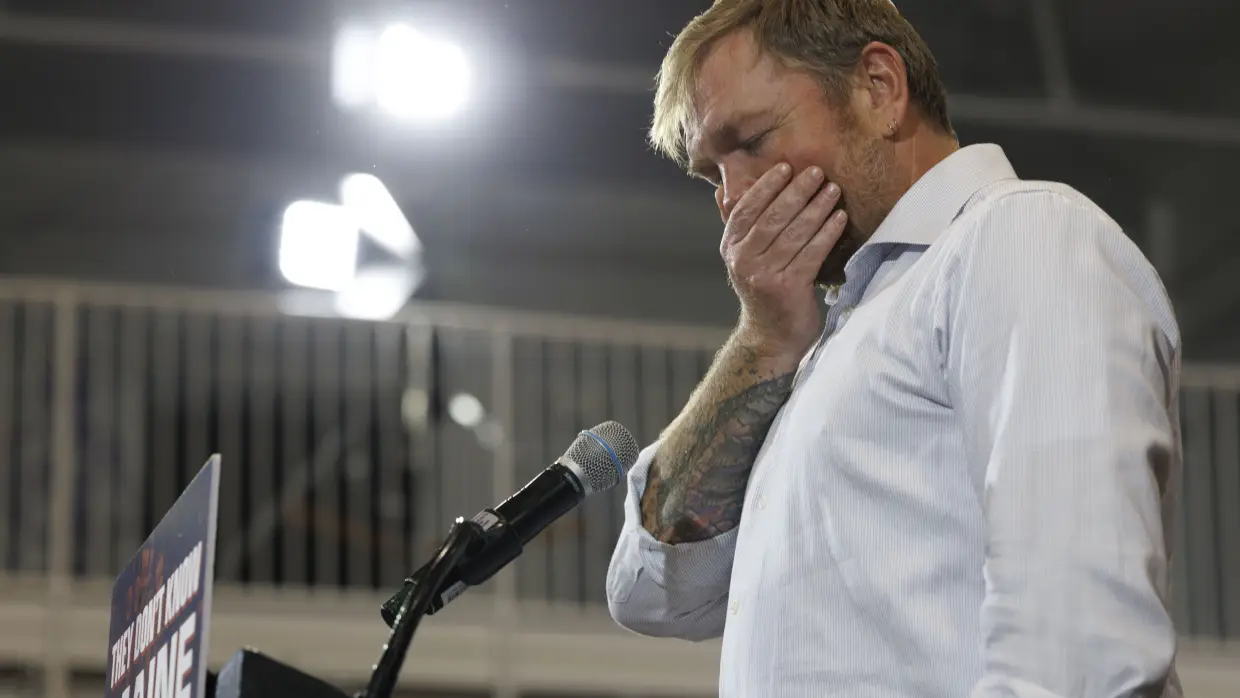 Now-former Democratic Senate candidate Graham Platner speaks at his primary election night event on June 9 in Blue Hill, Maine. Platner officially dropped out of the race July 10 following rape allegations from a former romantic partner that he denies.