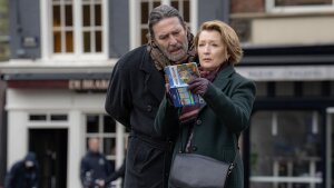 Ciar&aacute;n Hinds as "Gerry" and Lesley Manville as "Stella" in director Polly Findlay's Midwinter Break.