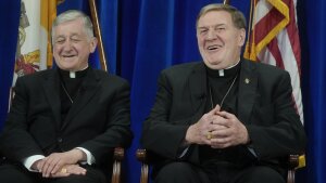From right, U.S. Cardinals, Joseph Tobin of Newark, and Blase Cupich of Chicago, attend a press conference at the North American College in Rome on May 9, 2025. Along with Cardinal Robert McElroy, archbishop of Washington (not pictured), the men issued a strongly worded statement on Monday criticizing the Trump administration&rsquo;s foreign policy.