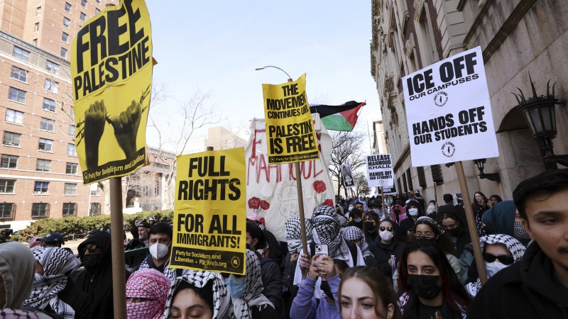 Protesters rally in support of detained Palestinian activist Mahmoud Khalil outside Columbia University in New York on Friday, March 14, 2025.