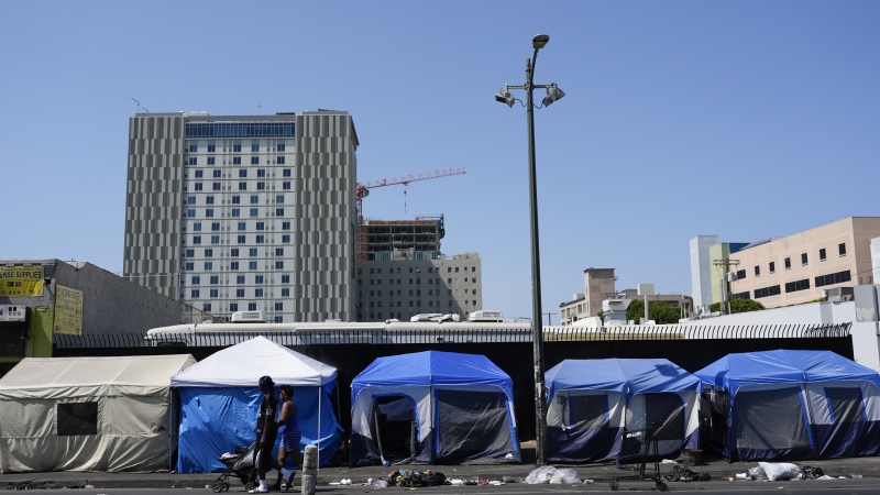 Tents are lined up on Skid Row Thursday, July 25, 2024, in Los Angeles. 