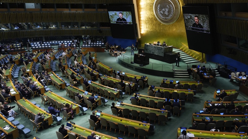 Ukraine's President Volodymyr Zelenskyy addresses the 79th session of the United Nations General Assembly, Sept. 25, 2024, at U.N. headquarters in New York.