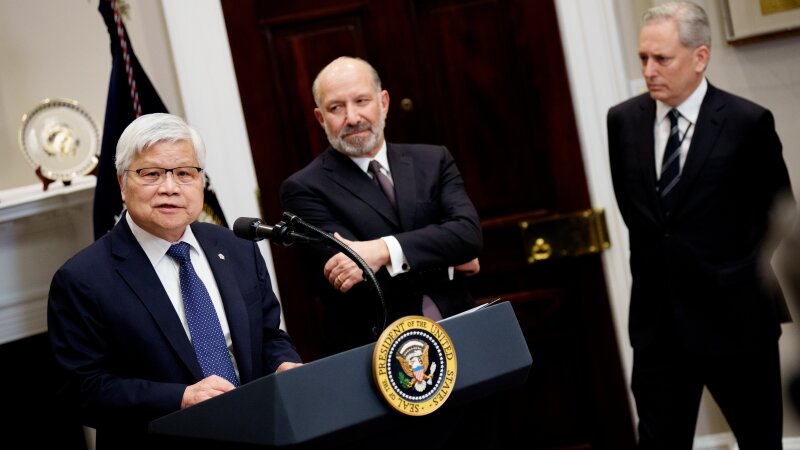 Taiwan Semiconductor Manufacturing Company (TSMC) CEO C.C. Wei, left, is accompanied by U.S. Commerce Secretary Howard Lutnick and David Sacks, U.S. President Trump's AI and crypto Cczar, at the White House on March 3. Trump announced that Taiwan Semiconductor Manufacturing Company, one of the largest manufacturers of semiconductor chips, plans to invest $100 billion in new manufacturing facilities in the United States.